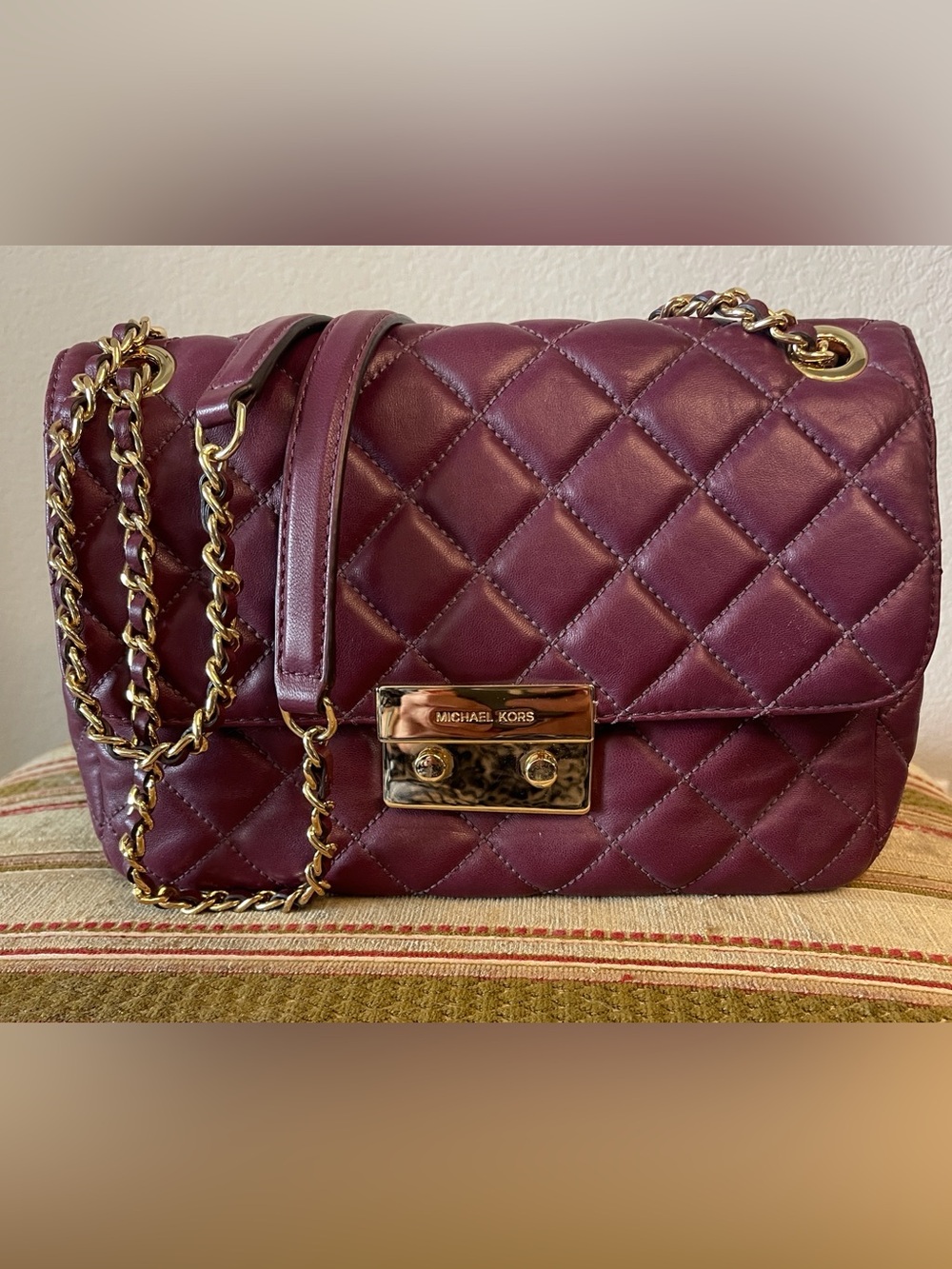 Michael Kors Quilted Crossbody Bag in Plum with Gold Hardware
